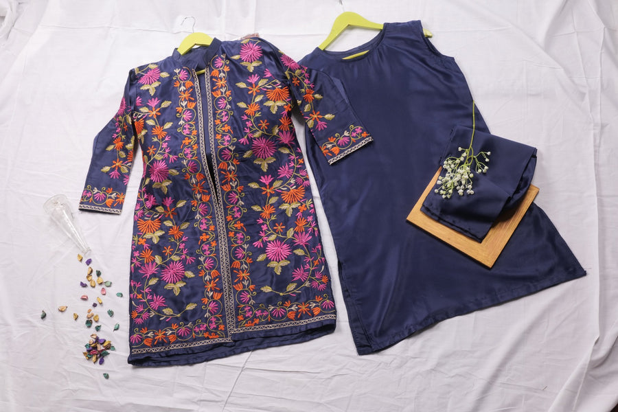 MARYAM&#39;S CLOSET Stitched Party Wear Kashmiri Coat With Inner &amp; Trouser 3-Piece