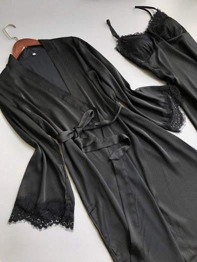 Womens Silk 5pc Black Laced Nighty Set